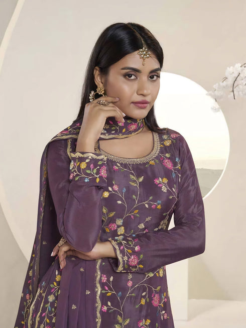 Purple Chinon Sharara Suit Acy6893 Back View